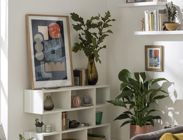 Rak buku dengan gabungan buku, tanaman, dan ornamen